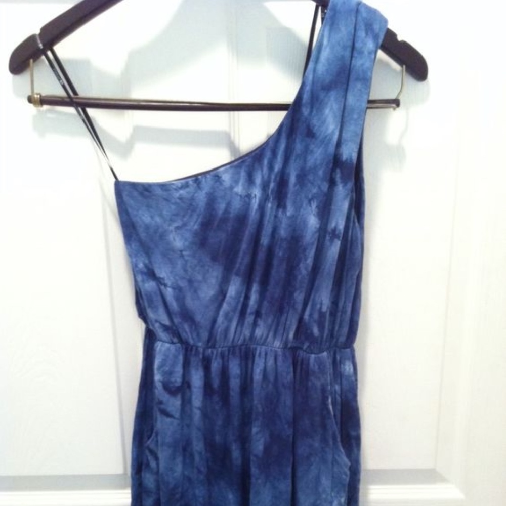 Blue Tie Dye One Shoulder Dress with Pockets, S